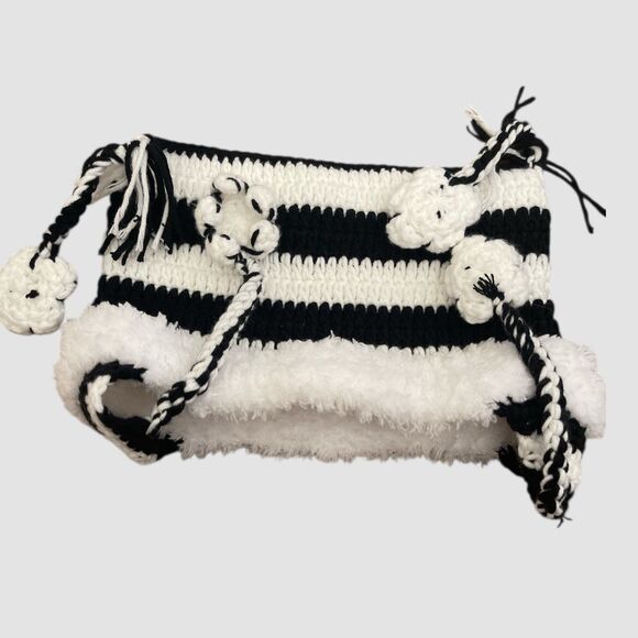 Women's Cat Ear Beanie Y2K Knit Hat Grunge Goth Crochet Accessory Black White - Picture 3 of 3